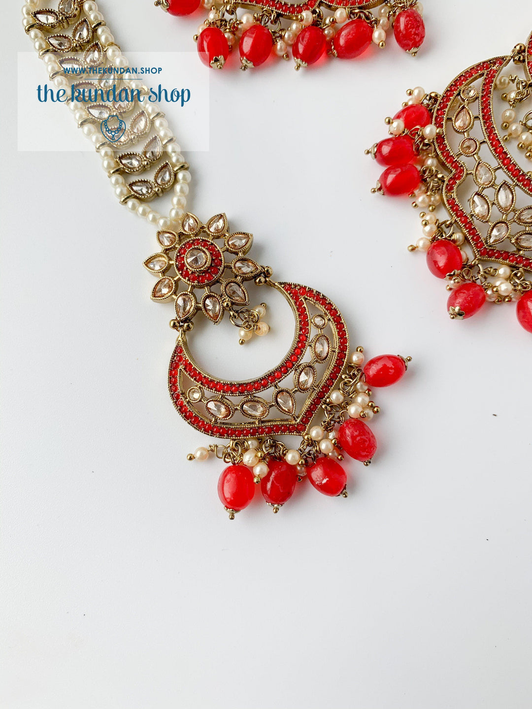 A Princess Polki in Red Earrings + Tikka THE KUNDAN SHOP 