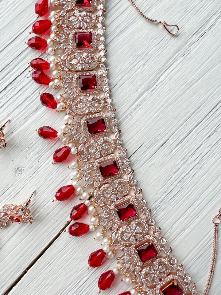 Exquisite in Rose Gold & Ruby Necklace Sets THE KUNDAN SHOP 