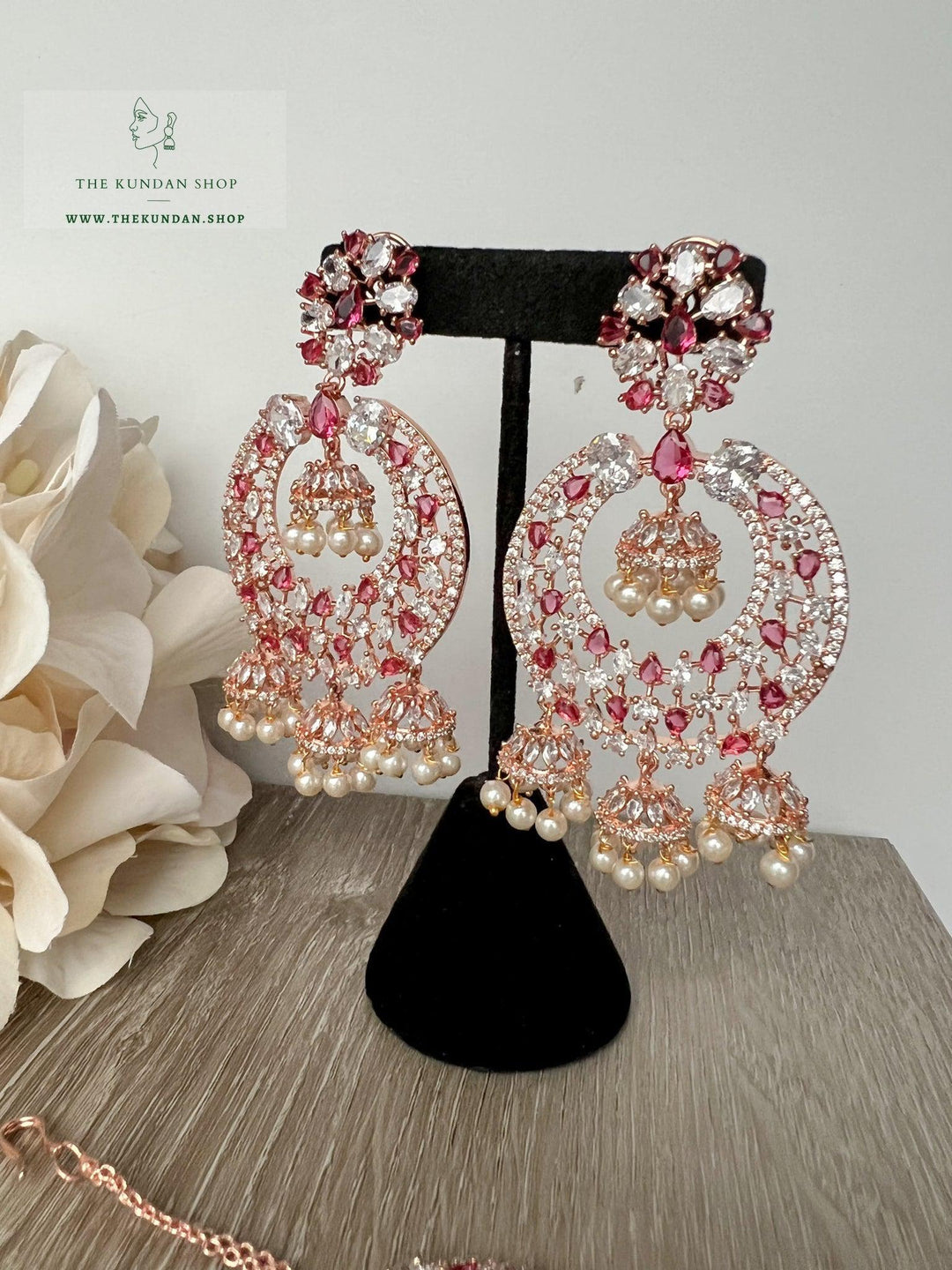 Humble in Rose Gold & Red Earrings + Tikka THE KUNDAN SHOP 