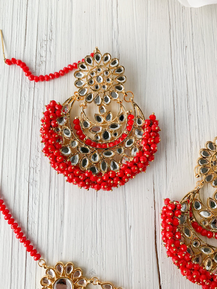 Glistening Mirror in Classic Red Earrings + Tikka THE KUNDAN SHOP 