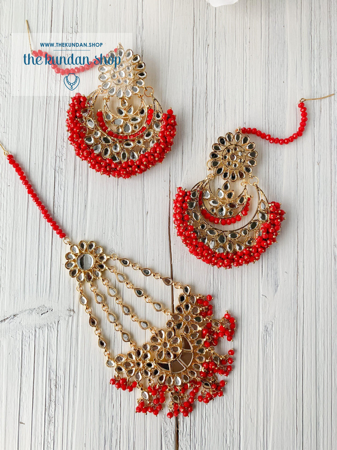 Glistening Mirror in Classic Red Earrings + Tikka THE KUNDAN SHOP 