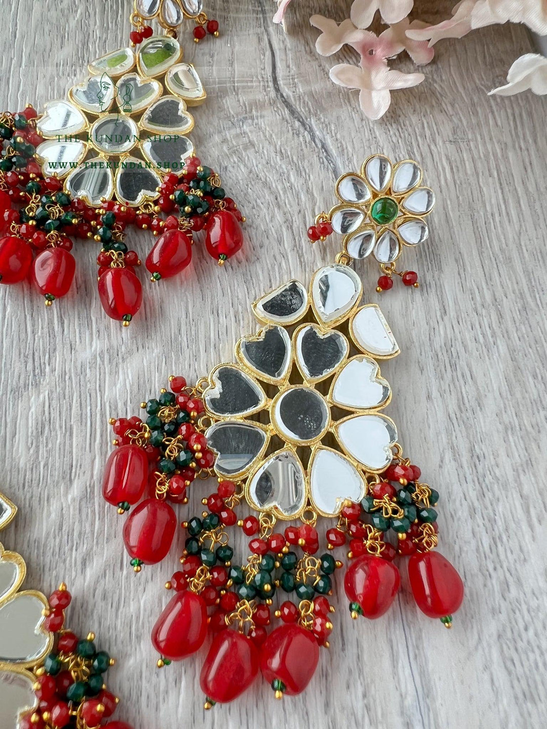 Floral Mirrors in Red Earrings + Tikka THE KUNDAN SHOP 