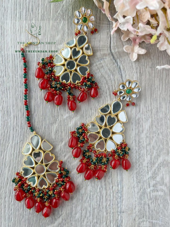 Floral Mirrors in Red Earrings + Tikka THE KUNDAN SHOP 