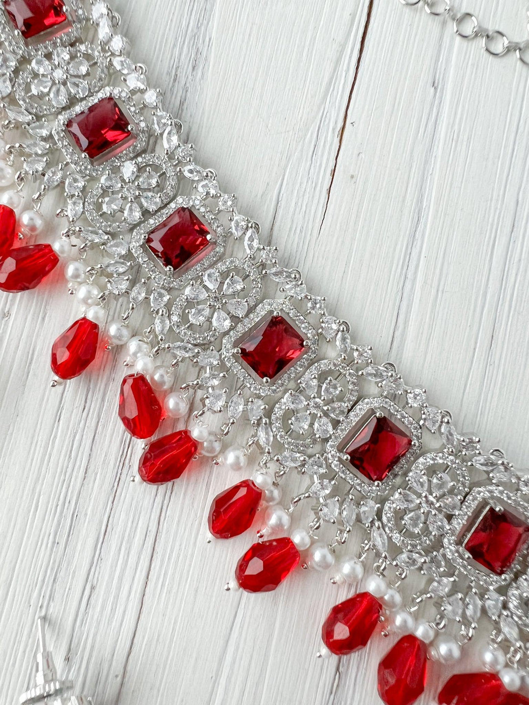 Exquisite in Silver & Red Necklace Sets THE KUNDAN SHOP 