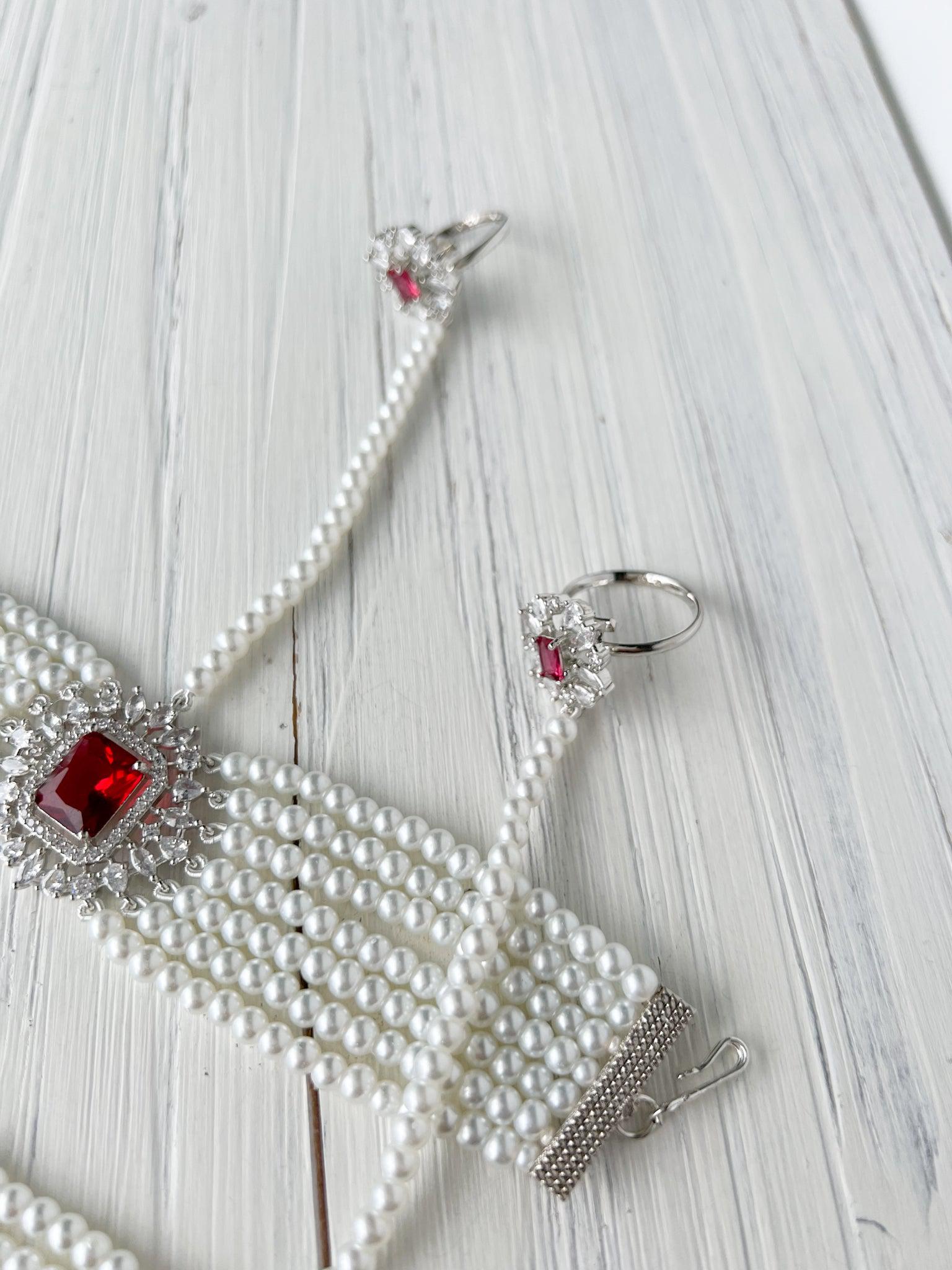 Exquisite Hand Piece in Silver & Red Ring THE KUNDAN SHOP 