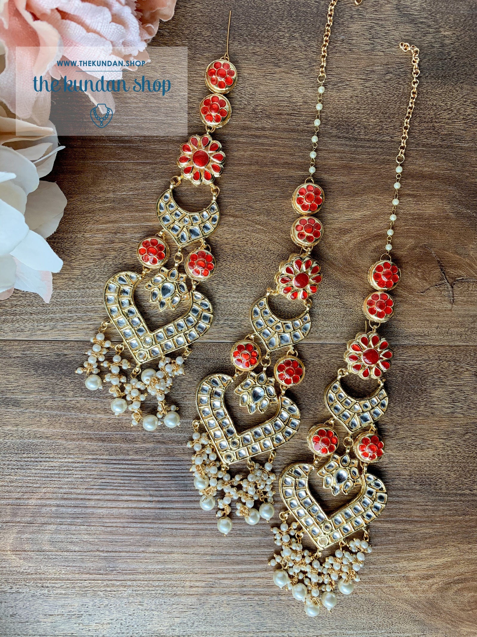 Queenly in Red Earrings + Tikka THE KUNDAN SHOP 