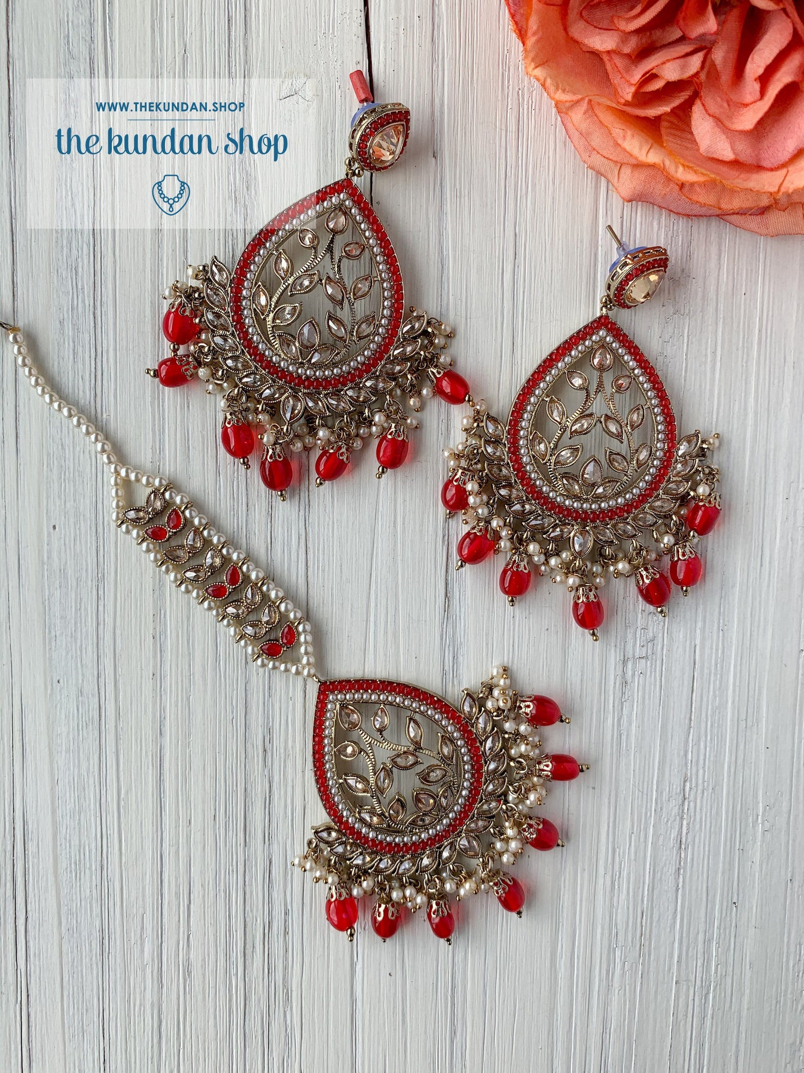 Bold Move - Red Earrings + Tikka THE KUNDAN SHOP 