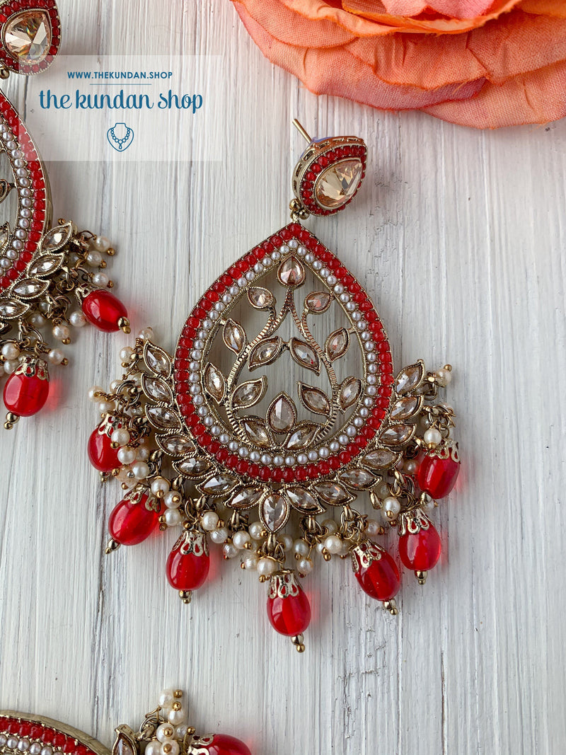 Bold Move - Red Earrings + Tikka THE KUNDAN SHOP 