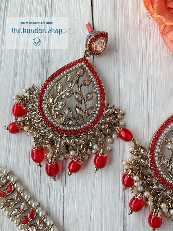 Bold Move - Red Earrings + Tikka THE KUNDAN SHOP 