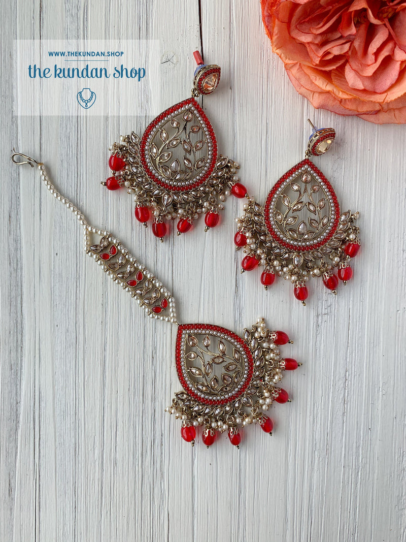 Bold Move - Red Earrings + Tikka THE KUNDAN SHOP 