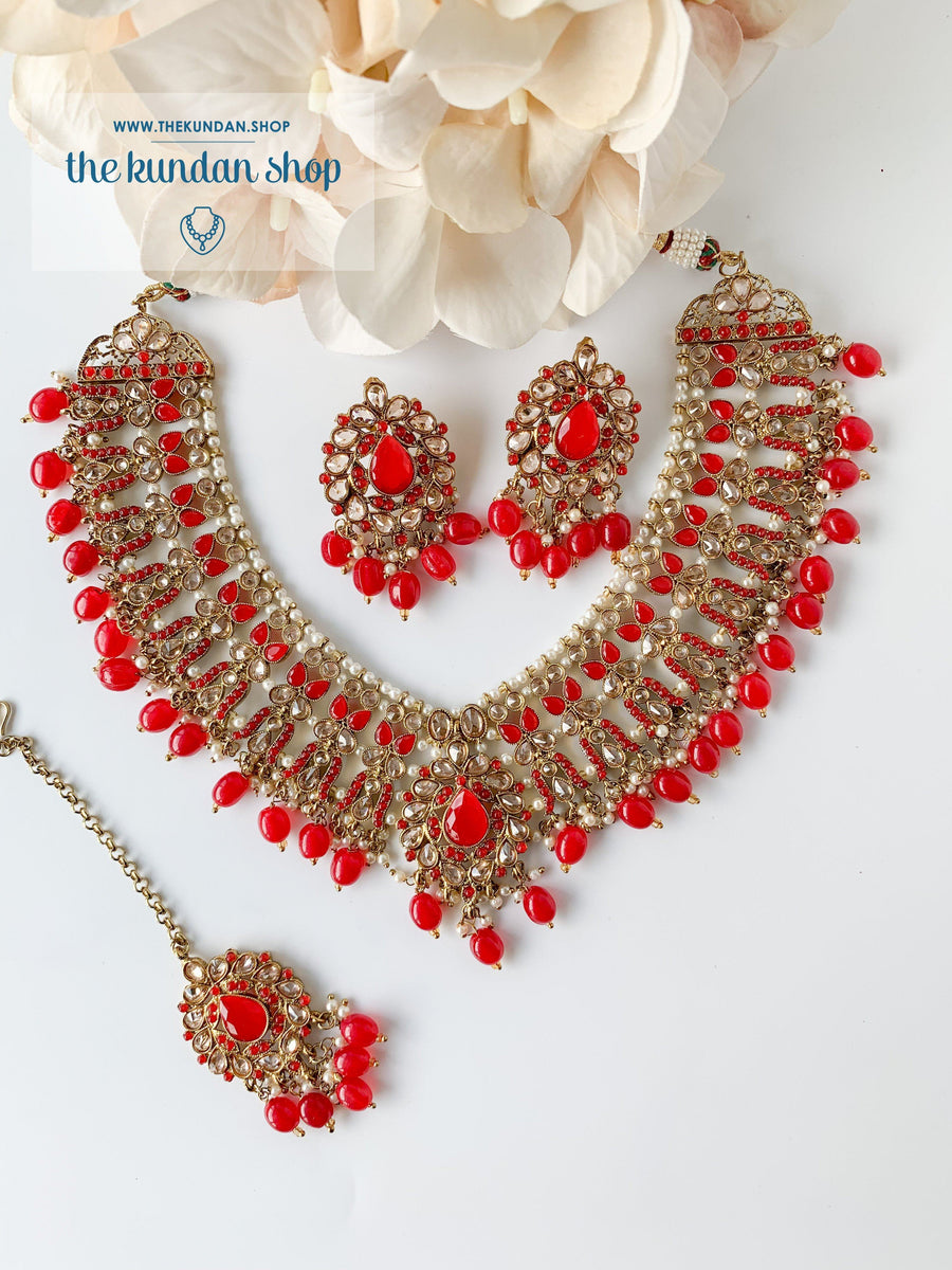Veiled in Polki, in Red Necklace Sets THE KUNDAN SHOP 