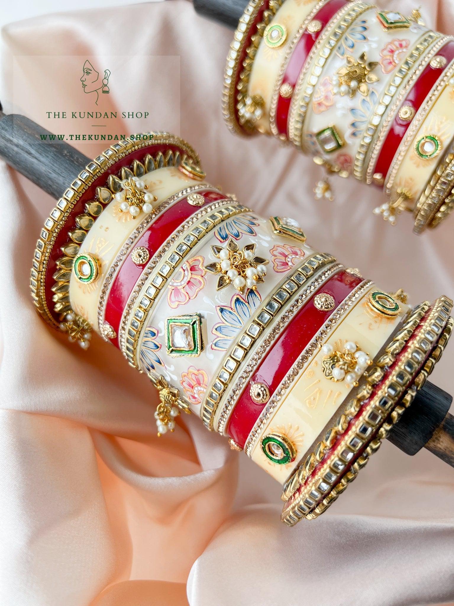 Cream Florals Choora Bangles THE KUNDAN SHOP 