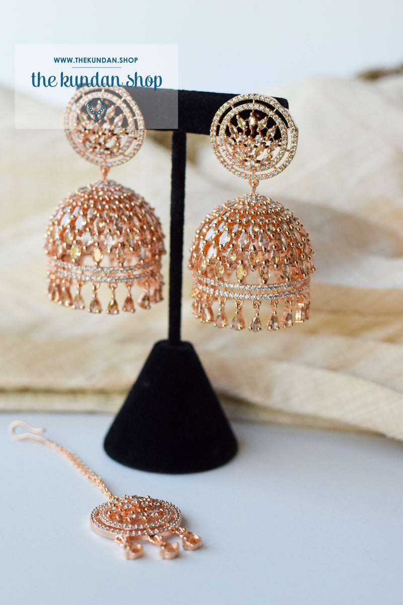Allusive Jhumkis in Rose Gold Earrings + Tikka THE KUNDAN SHOP 