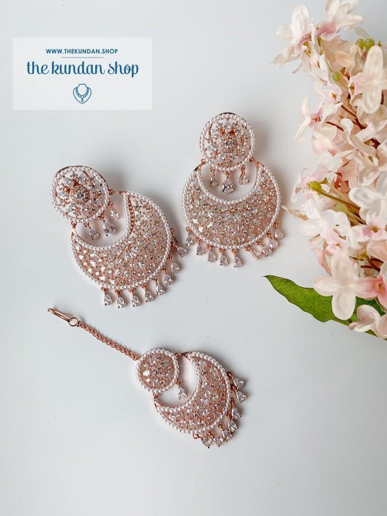 Decisive in Rose Gold Earrings + Tikka THE KUNDAN SHOP 