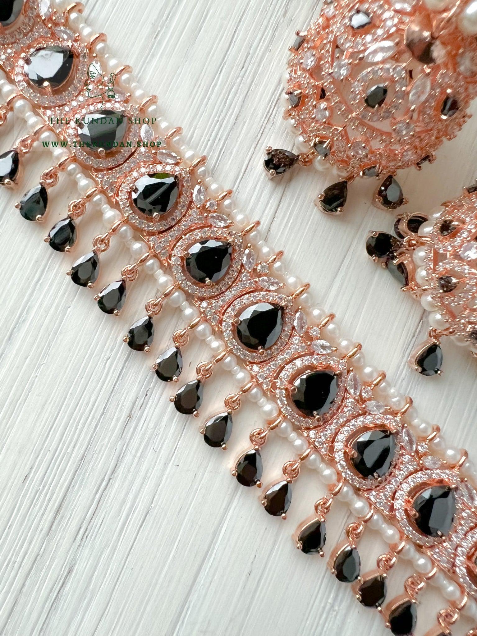 A Teardrop Stone in Rose Gold & Black Necklace Sets THE KUNDAN SHOP 