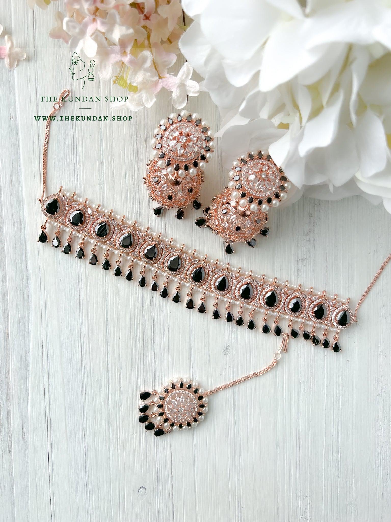 A Teardrop Stone in Rose Gold & Black Necklace Sets THE KUNDAN SHOP 