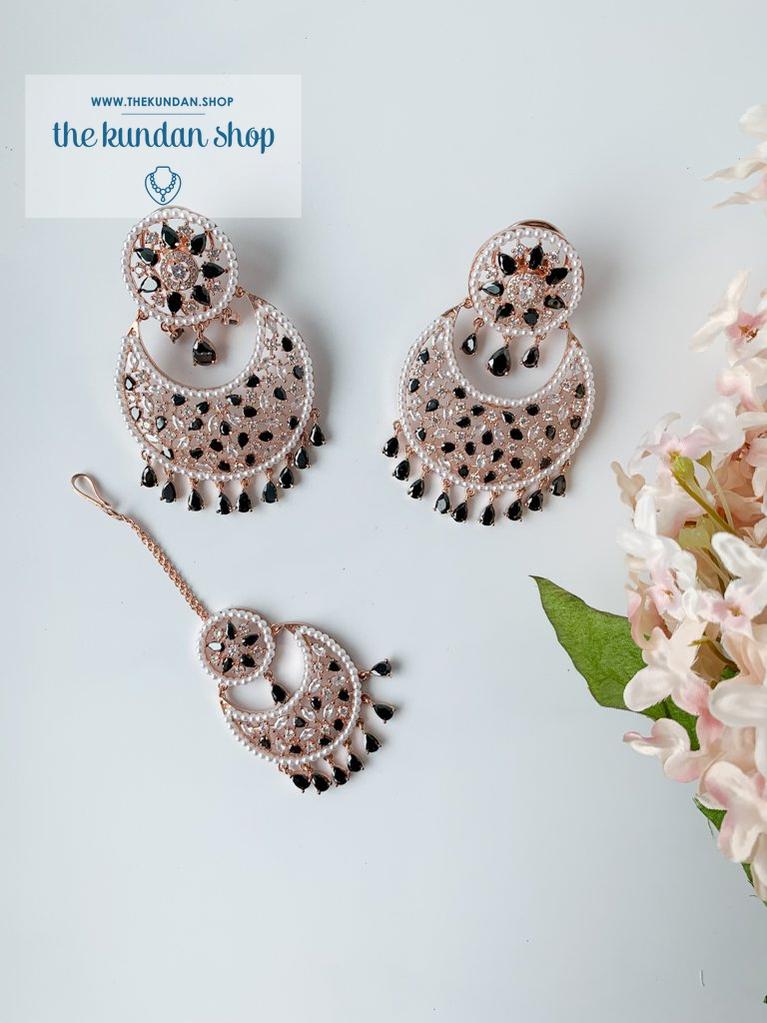 Decisive in Rose Gold & Black Earrings + Tikka THE KUNDAN SHOP 