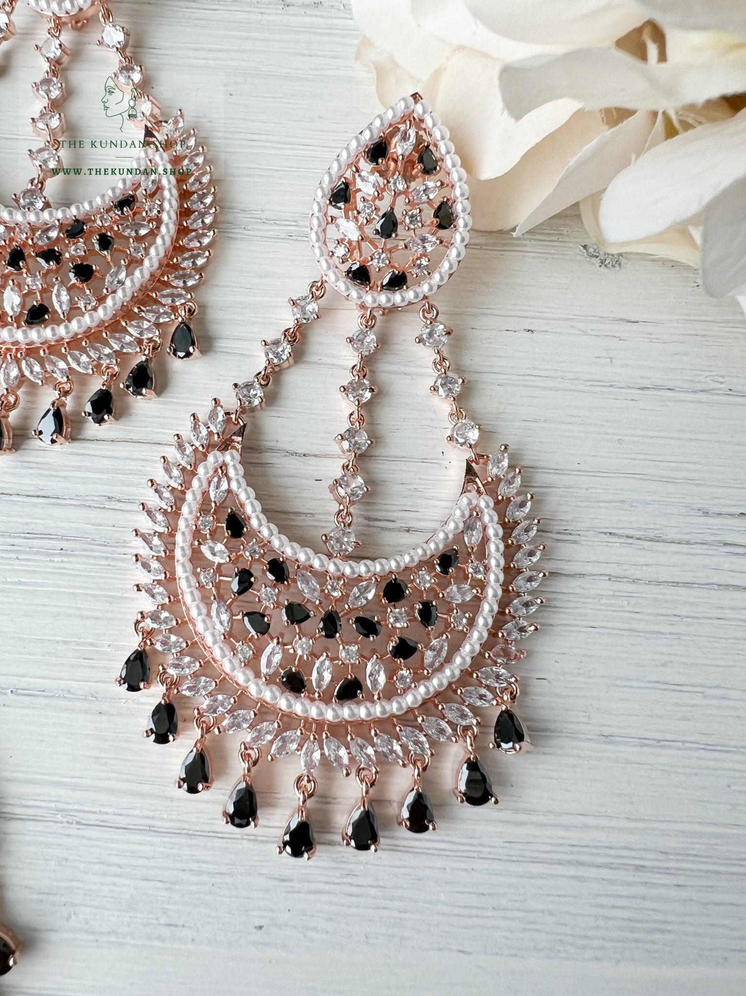 Beyond in Rose Gold & Black Earrings + Tikka THE KUNDAN SHOP 