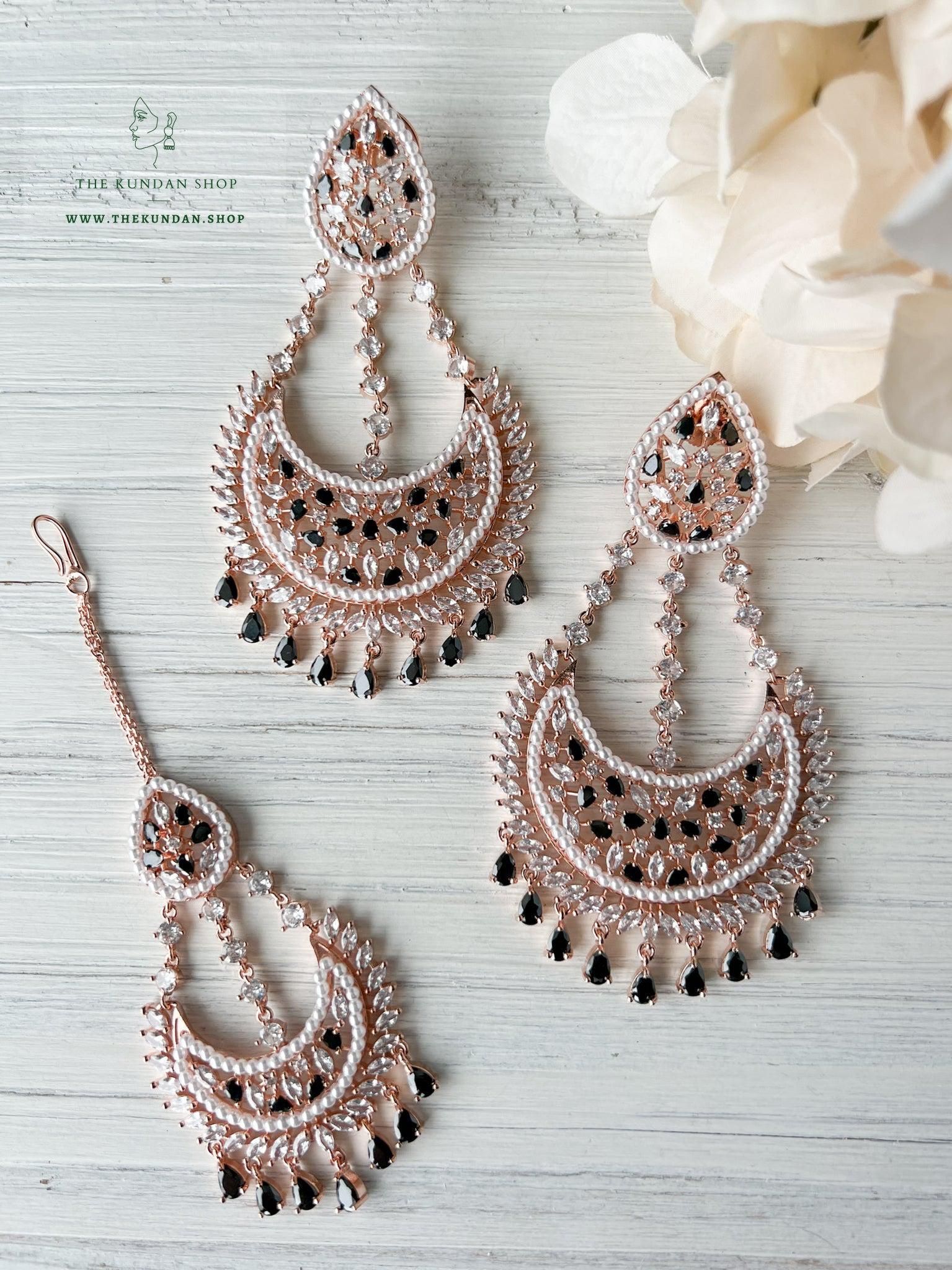 Beyond in Rose Gold & Black Earrings + Tikka THE KUNDAN SHOP 