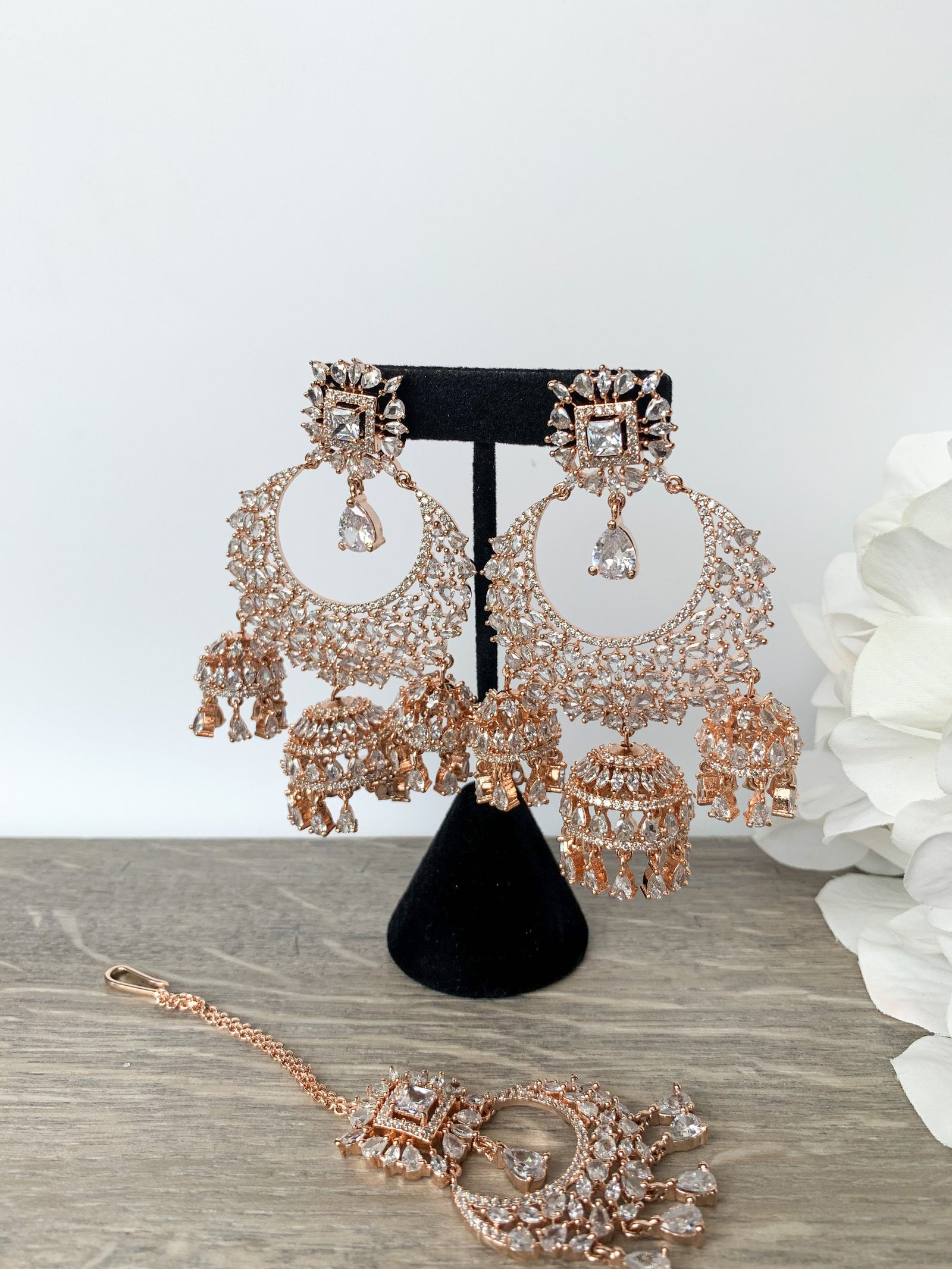 Radiance - Rose Gold, Earrings + Tikka - THE KUNDAN SHOP