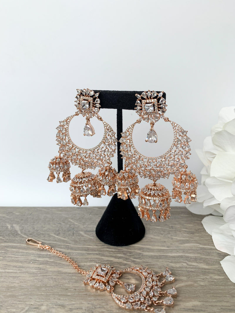 Radiance - Rose Gold, Earrings + Tikka - THE KUNDAN SHOP