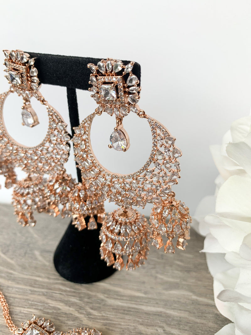 Radiance - Rose Gold, Earrings + Tikka - THE KUNDAN SHOP