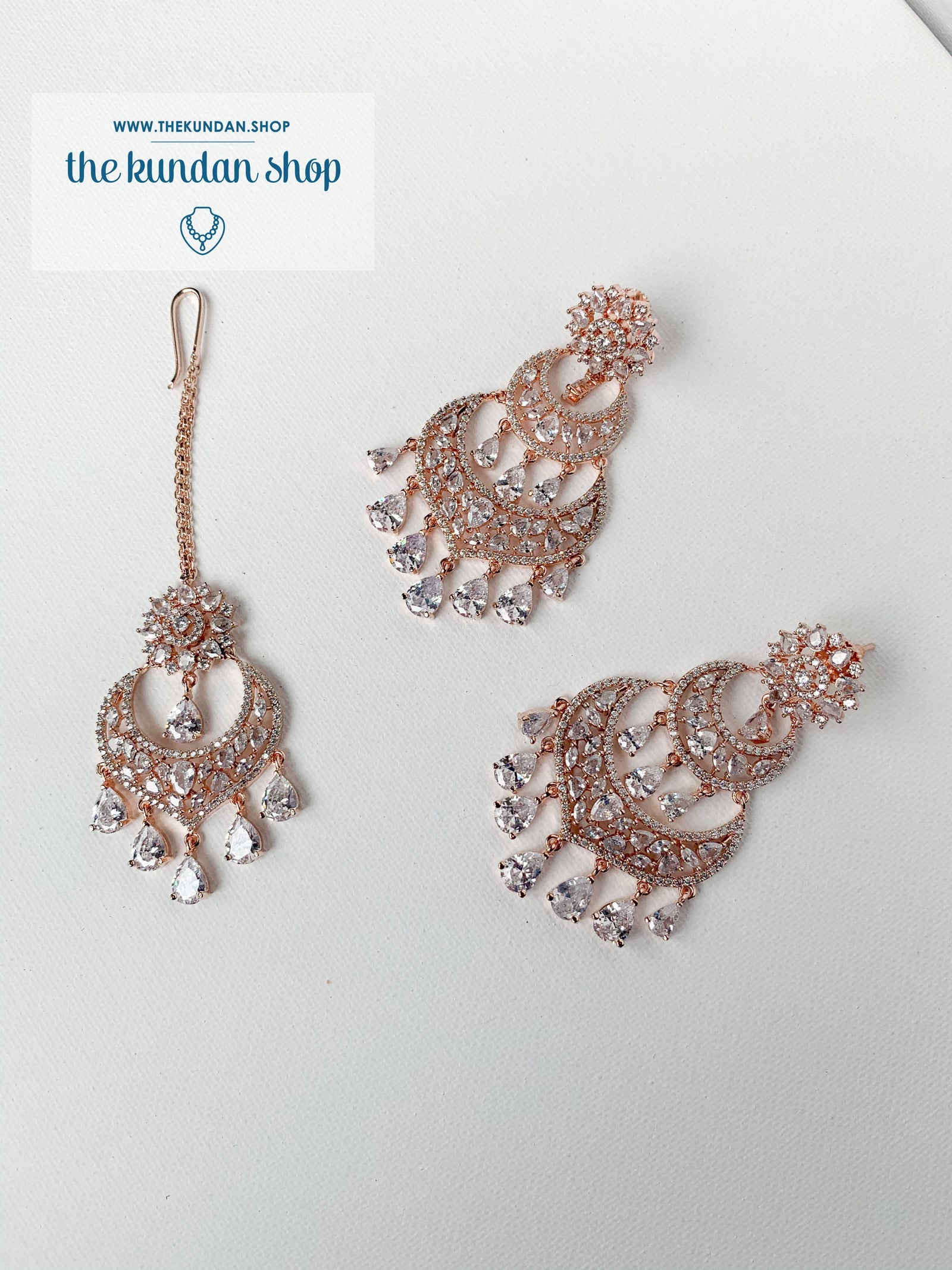 A Princess in Rose Gold Earrings + Tikka THE KUNDAN SHOP 