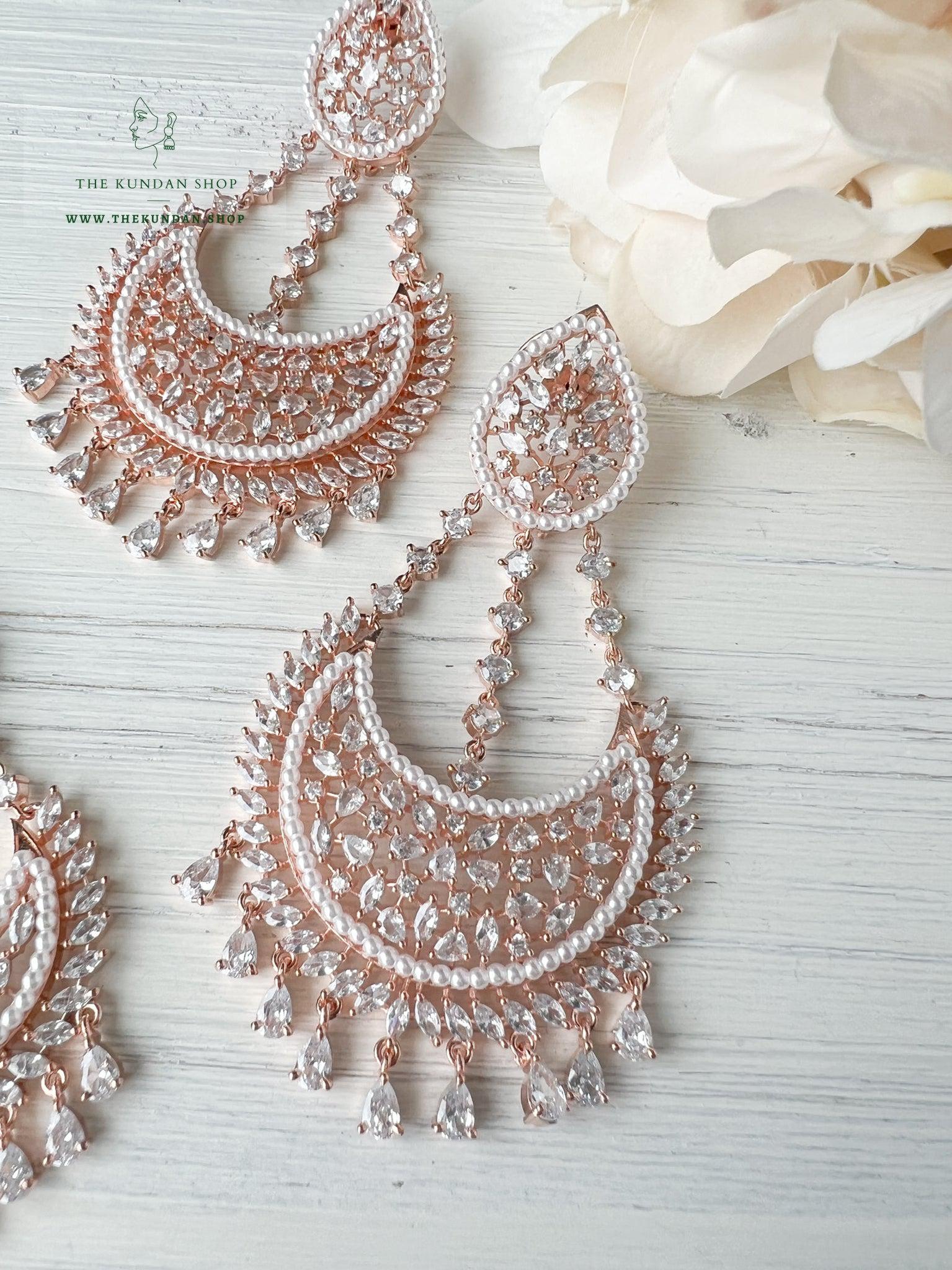 Beyond in Rose Gold & Clear Earrings + Tikka THE KUNDAN SHOP 