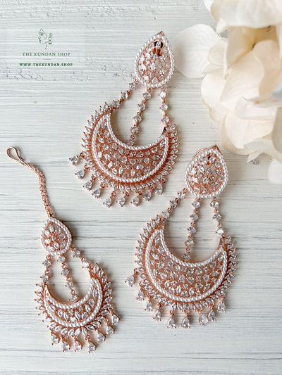 Beyond in Rose Gold & Clear Earrings + Tikka THE KUNDAN SHOP 
