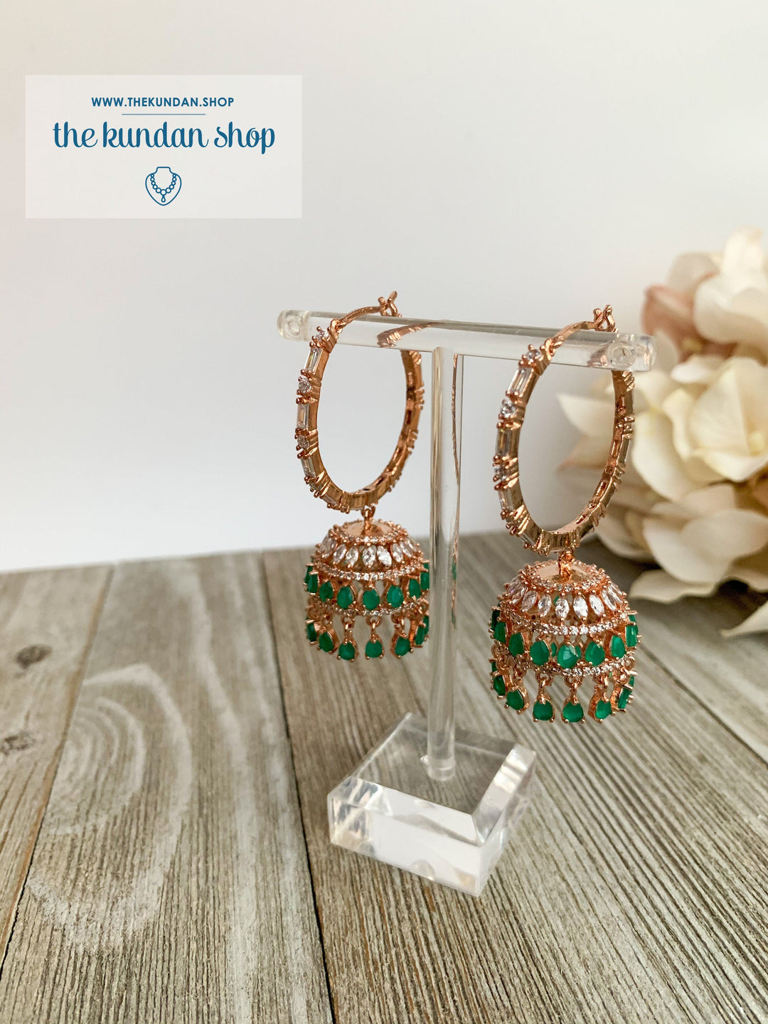 Bliss Baalis in Rose Gold & Emerald Earrings THE KUNDAN SHOP 