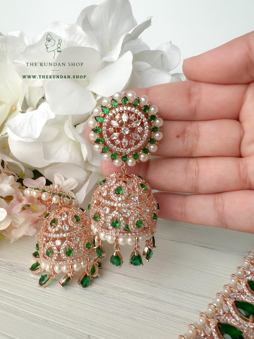 A Teardrop Stone in Rose Gold & Emerald Necklace Sets THE KUNDAN SHOP 