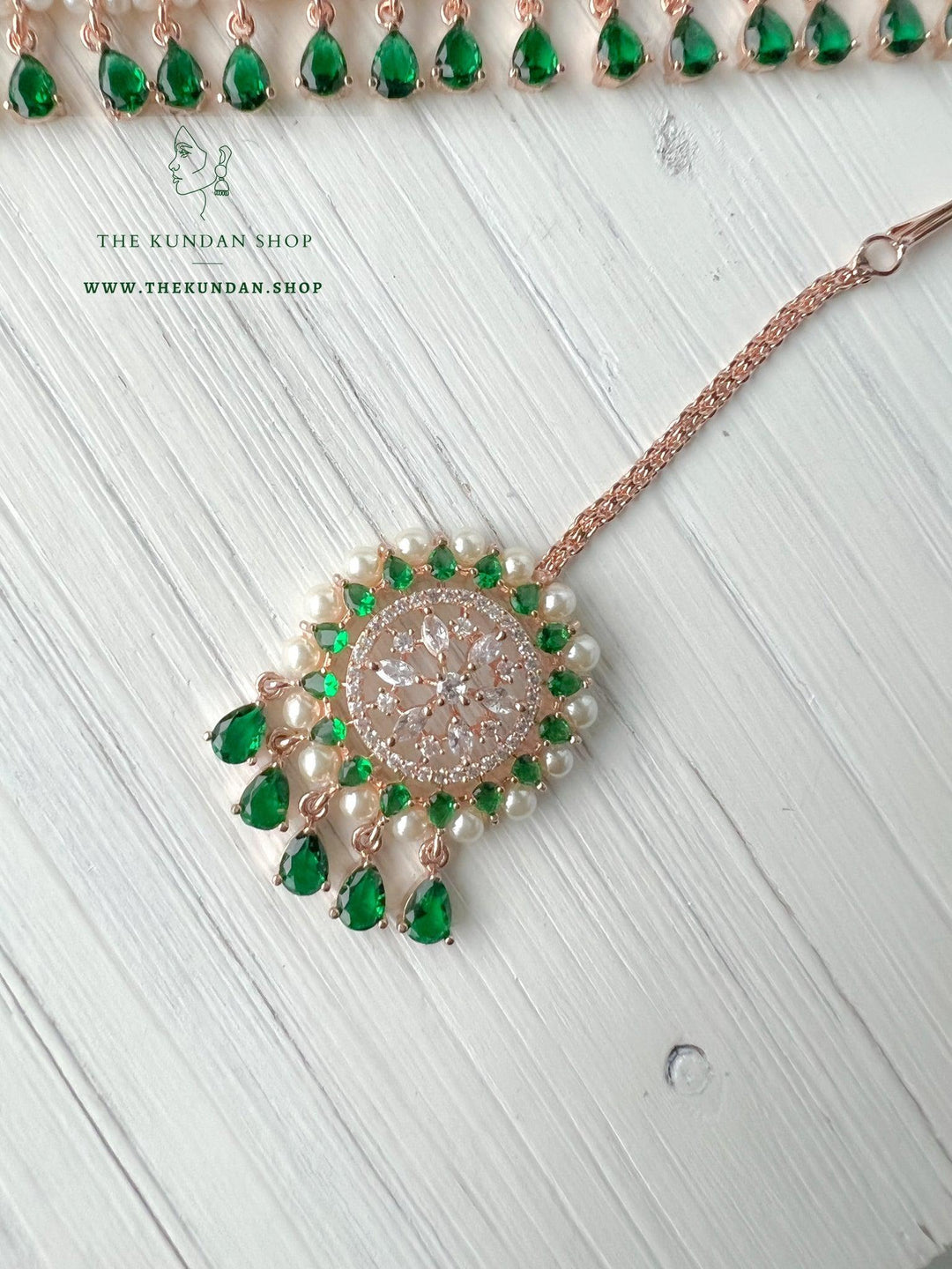 A Teardrop Stone in Rose Gold & Emerald Necklace Sets THE KUNDAN SHOP 
