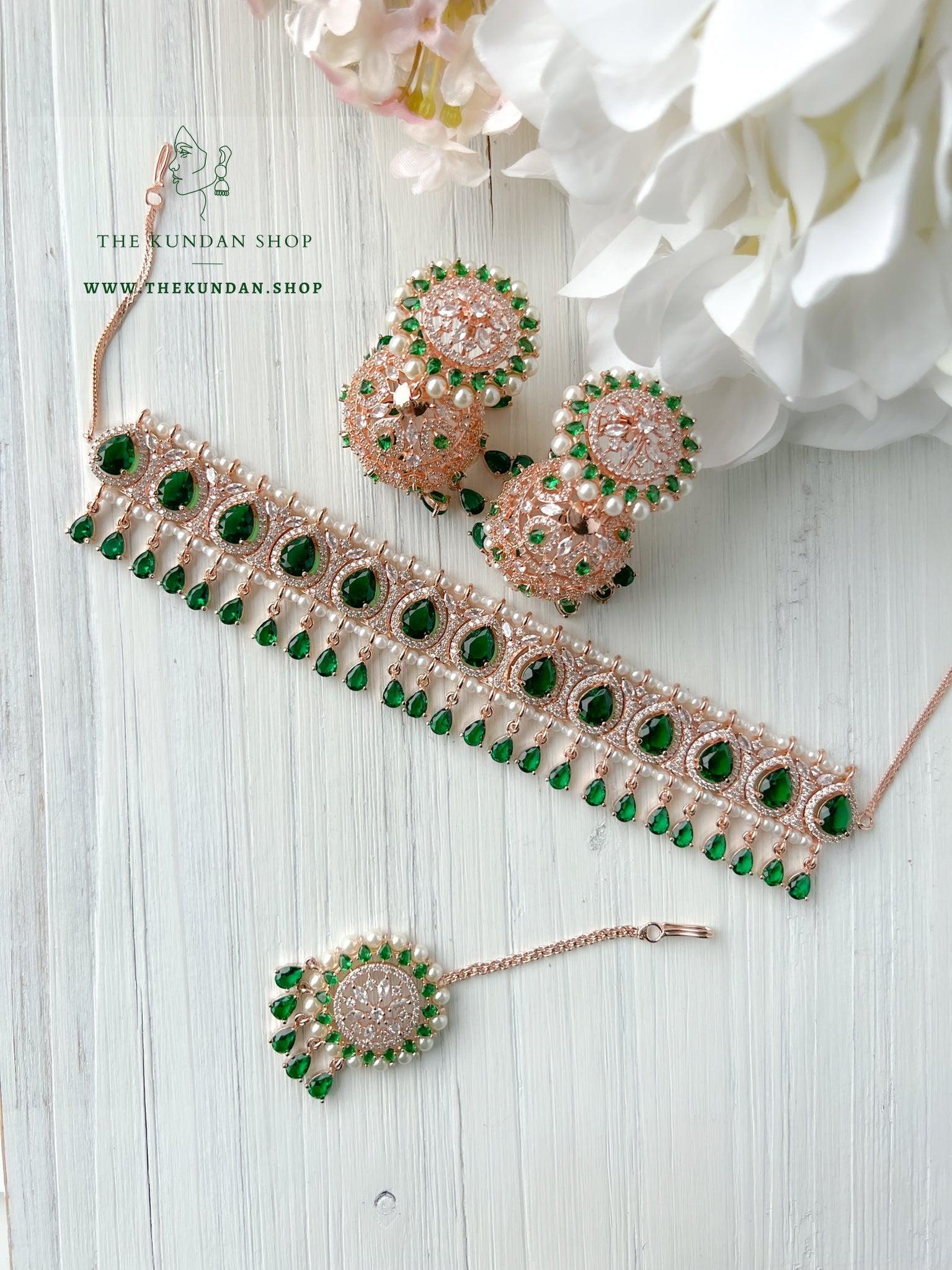 A Teardrop Stone in Rose Gold & Emerald Necklace Sets THE KUNDAN SHOP 