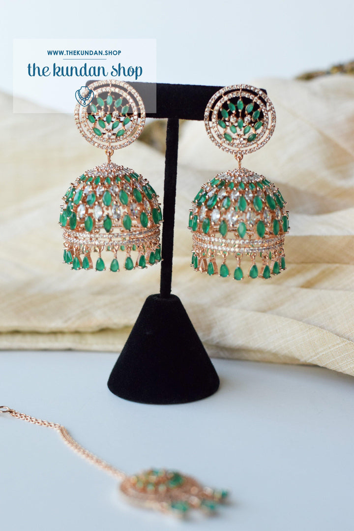 Allusive Jhumkis in Rose Gold & Emerald Earrings + Tikka THE KUNDAN SHOP 