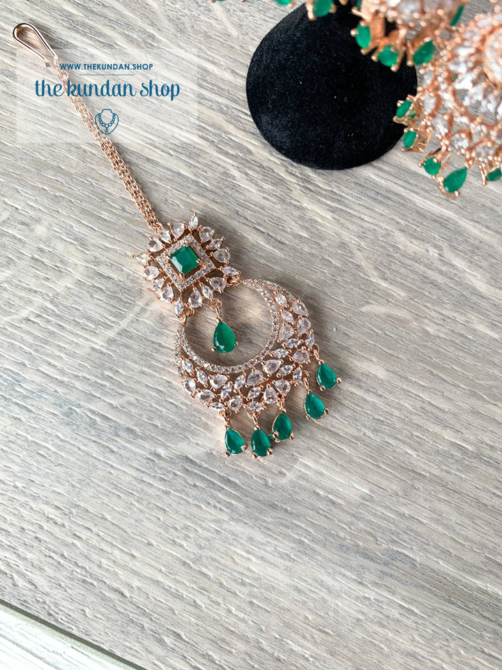 Radiance - Rose Gold + Emerald, Earrings + Tikka - THE KUNDAN SHOP
