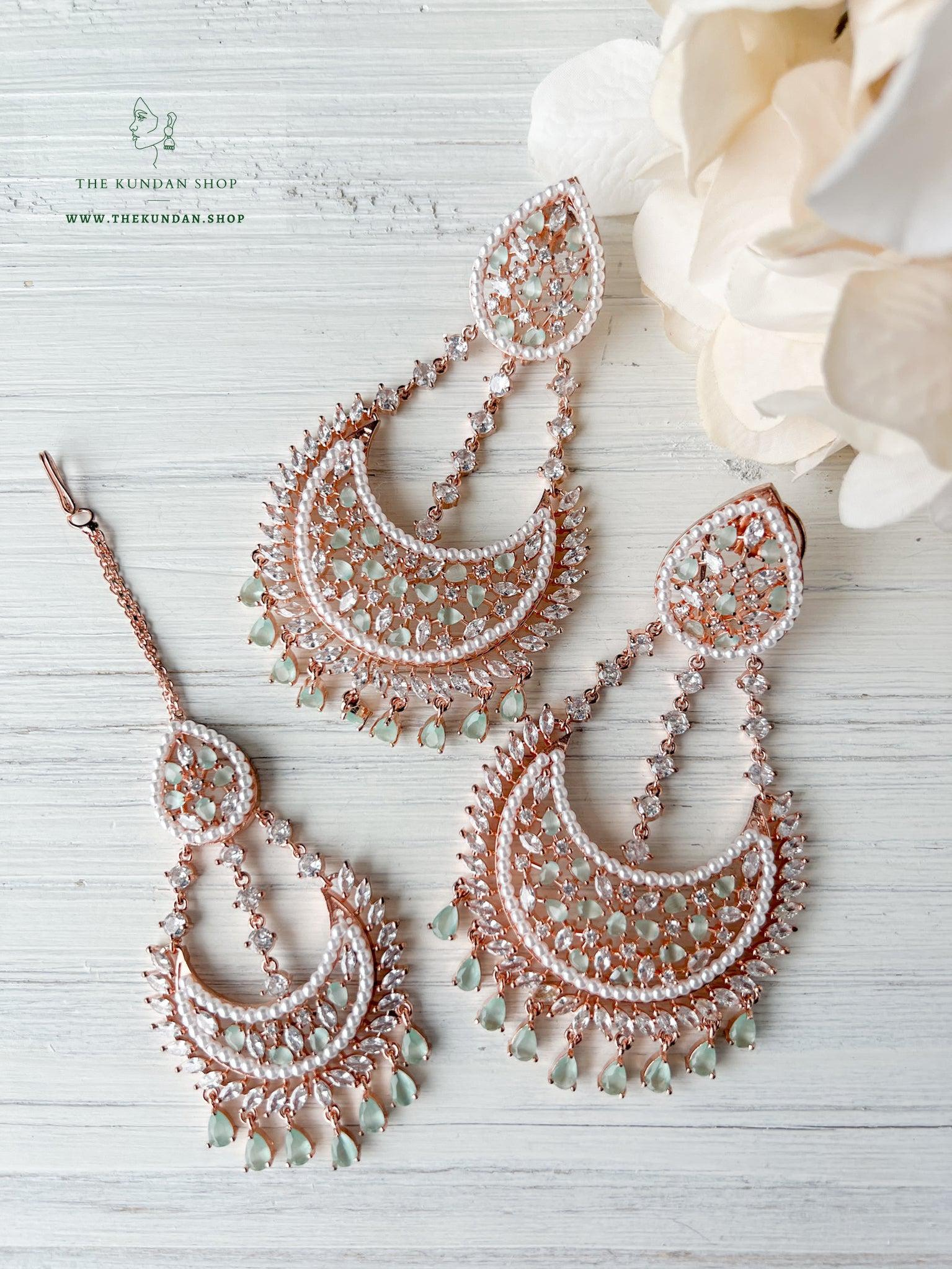 Beyond in Rose Gold & Mint Earrings + Tikka THE KUNDAN SHOP 