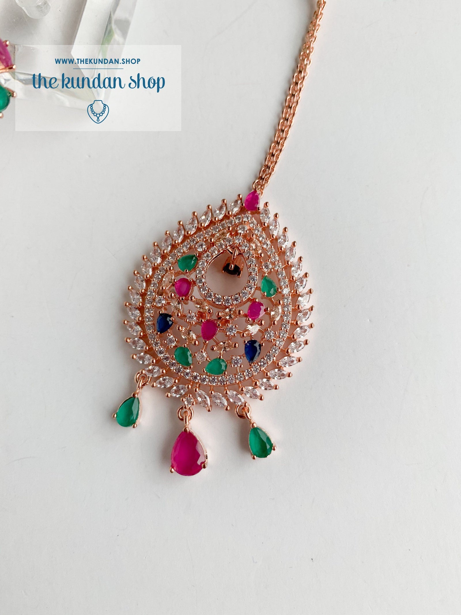 Reigning Queen in Rose Gold & Multi Earrings + Tikka THE KUNDAN SHOP 