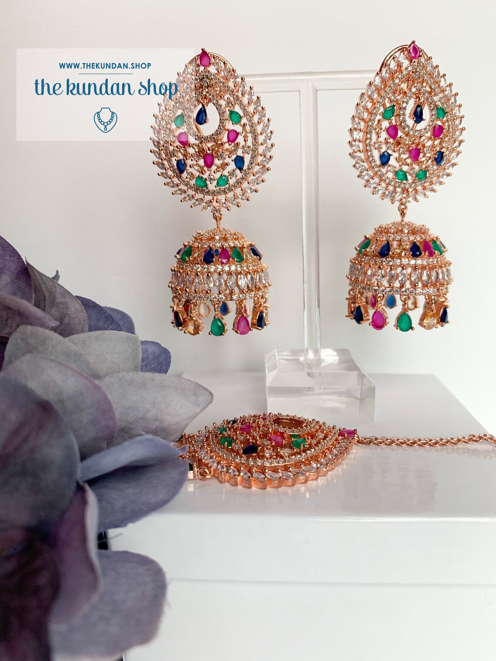Reigning Queen in Rose Gold & Multi Earrings + Tikka THE KUNDAN SHOP 