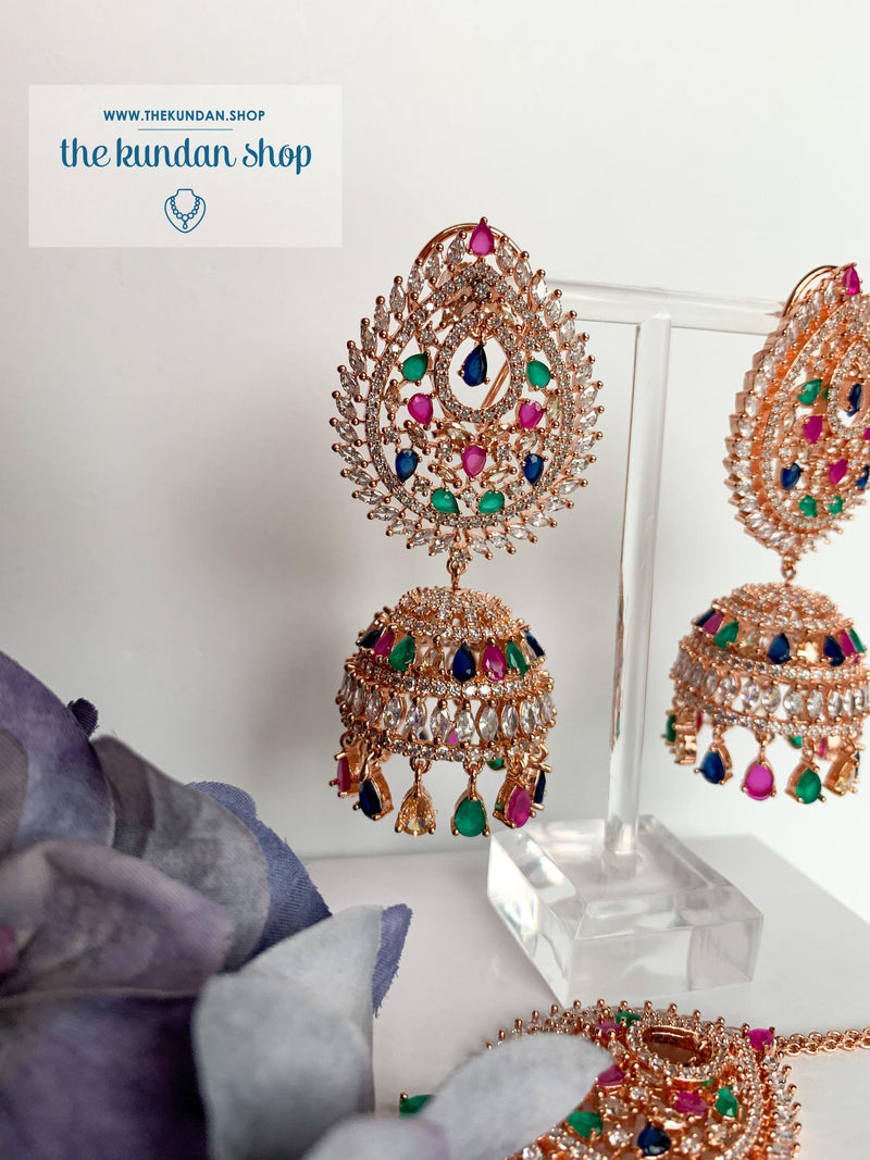 Reigning Queen in Rose Gold & Multi Earrings + Tikka THE KUNDAN SHOP 