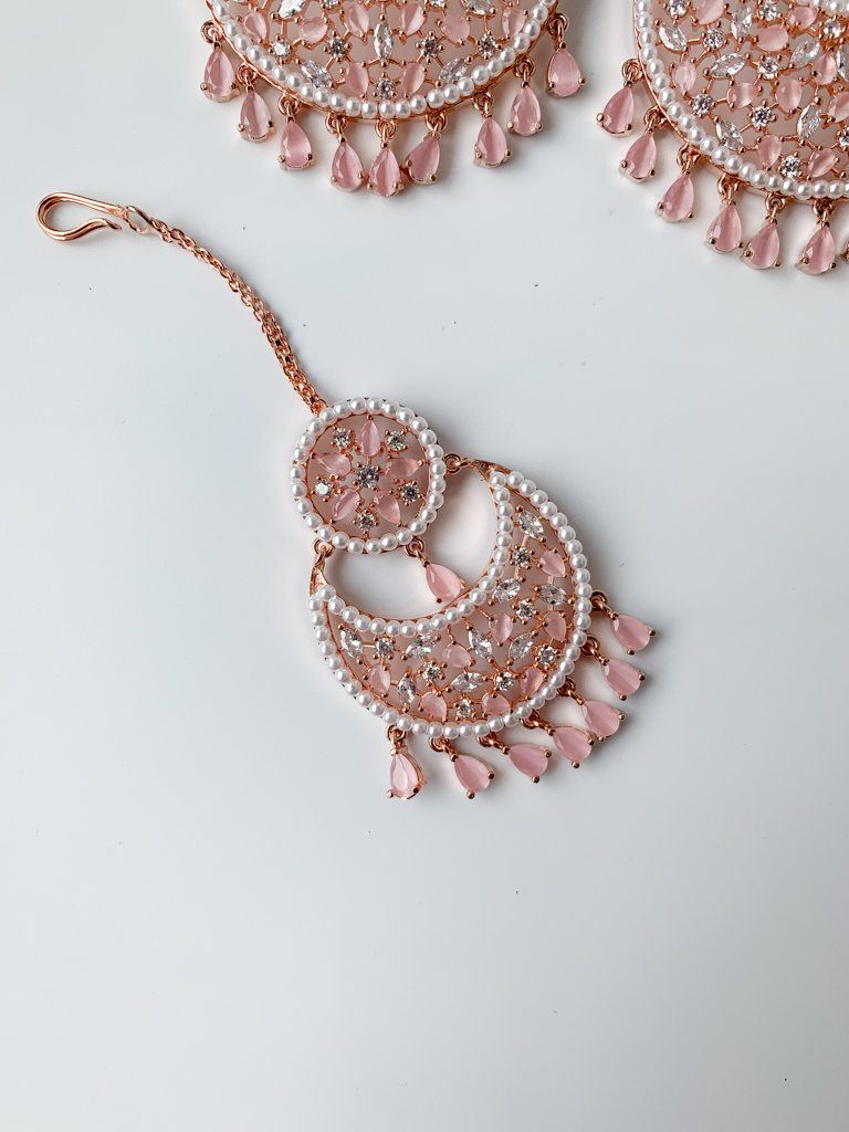 Decisive in Rose Gold & Pink Earrings + Tikka THE KUNDAN SHOP 