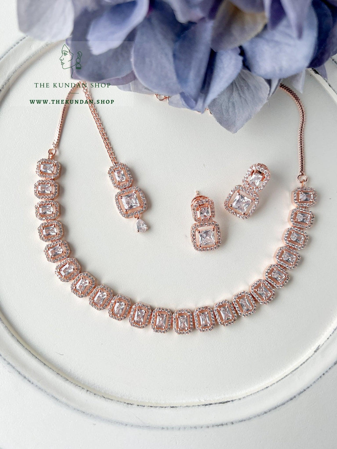 Double Drops in Rose Gold Necklace Sets THE KUNDAN SHOP Clear 