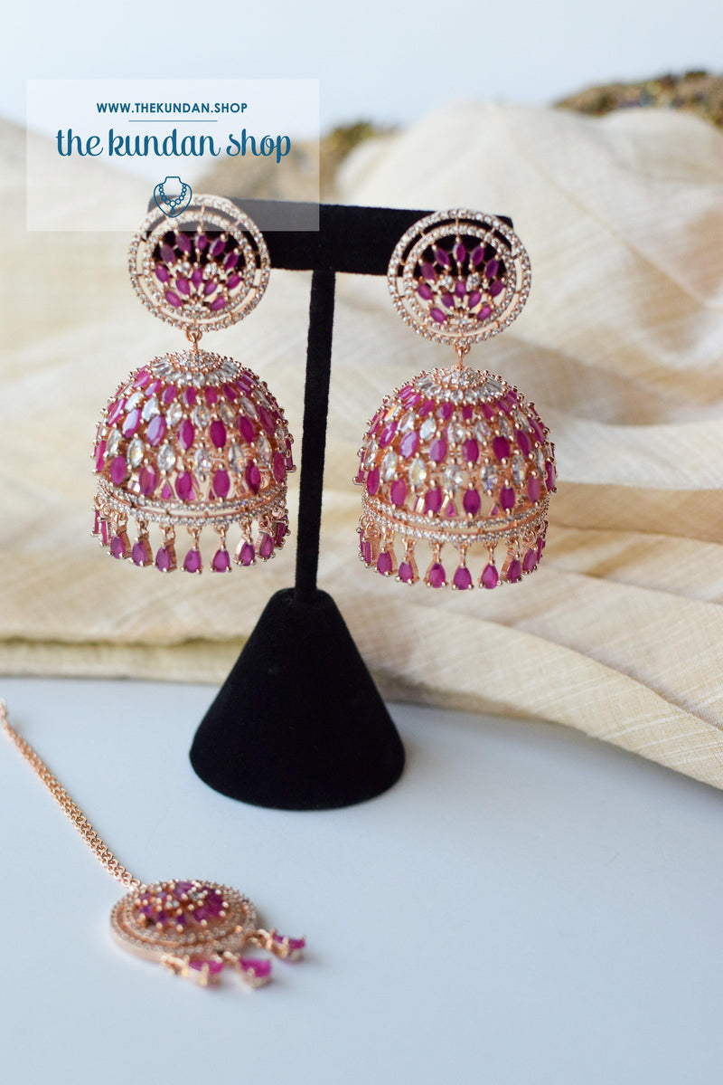 Allusive Jhumkis in Rose Gold & Ruby Earrings + Tikka THE KUNDAN SHOP 