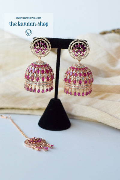Allusive Jhumkis in Rose Gold & Ruby Earrings + Tikka THE KUNDAN SHOP 