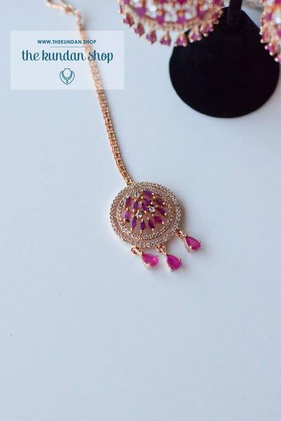 Allusive Jhumkis in Rose Gold & Ruby Earrings + Tikka THE KUNDAN SHOP 
