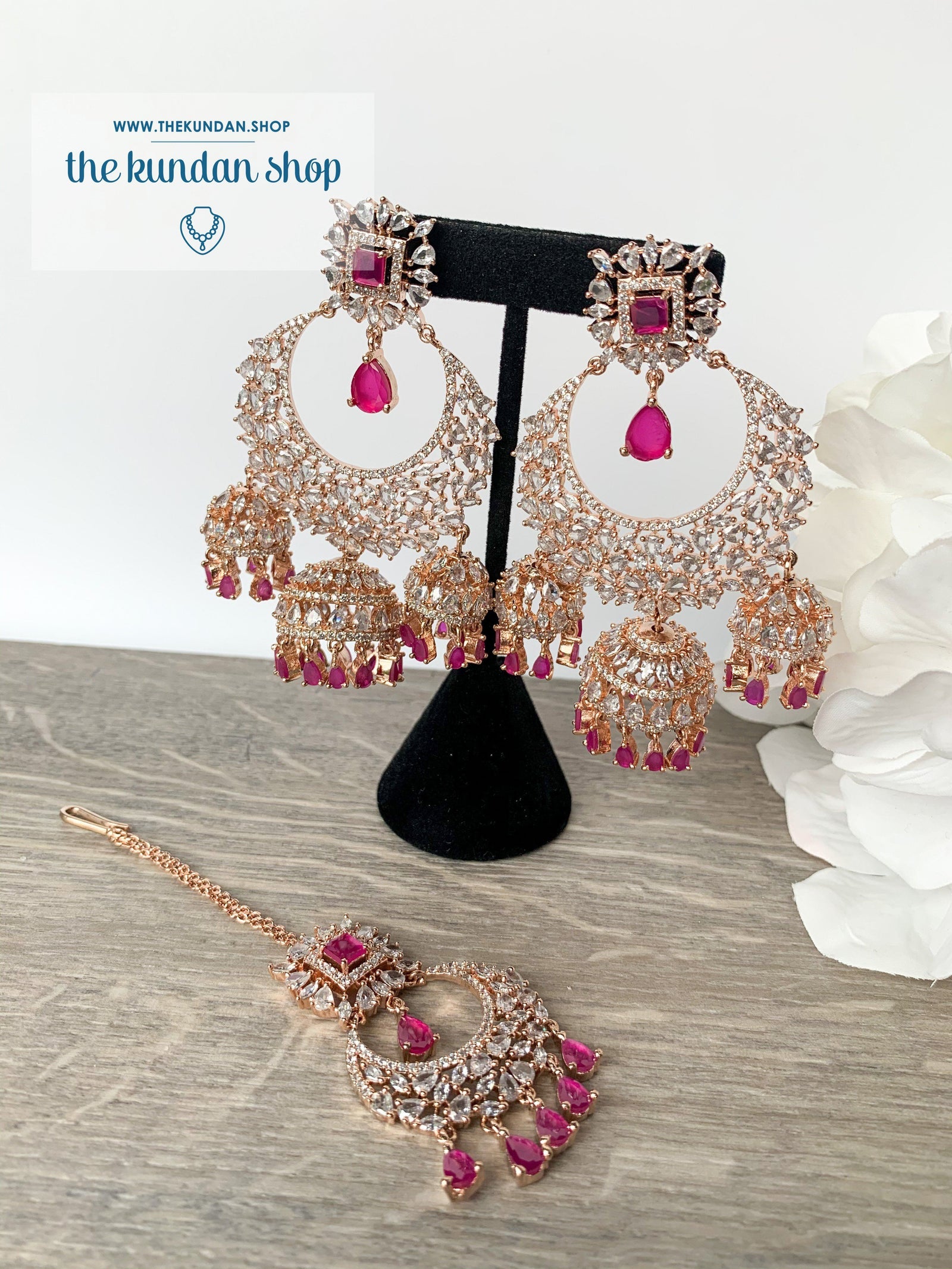 Radiance - Rose Gold + Ruby, Earrings + Tikka - THE KUNDAN SHOP