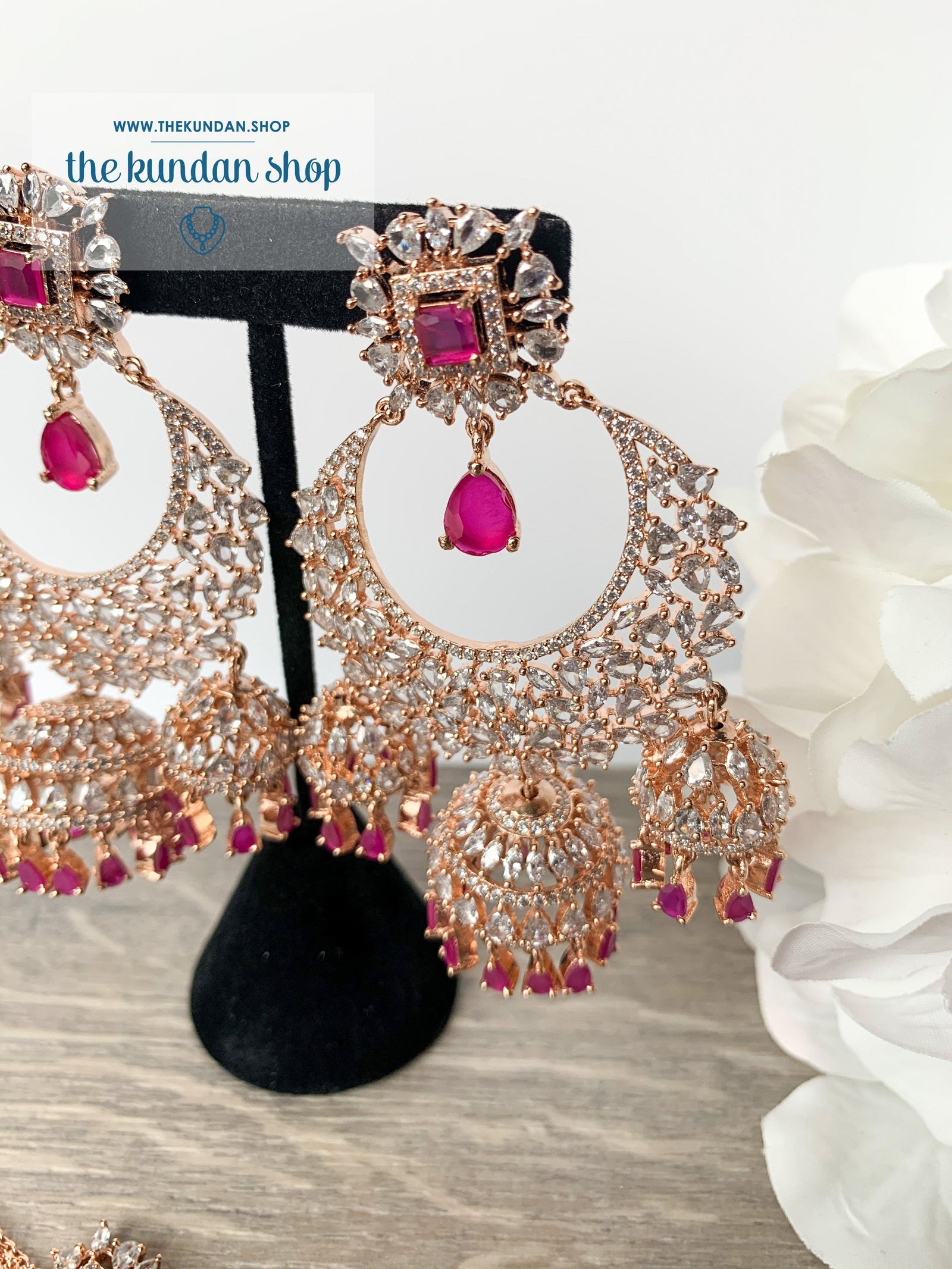 Radiance - Rose Gold + Ruby, Earrings + Tikka - THE KUNDAN SHOP