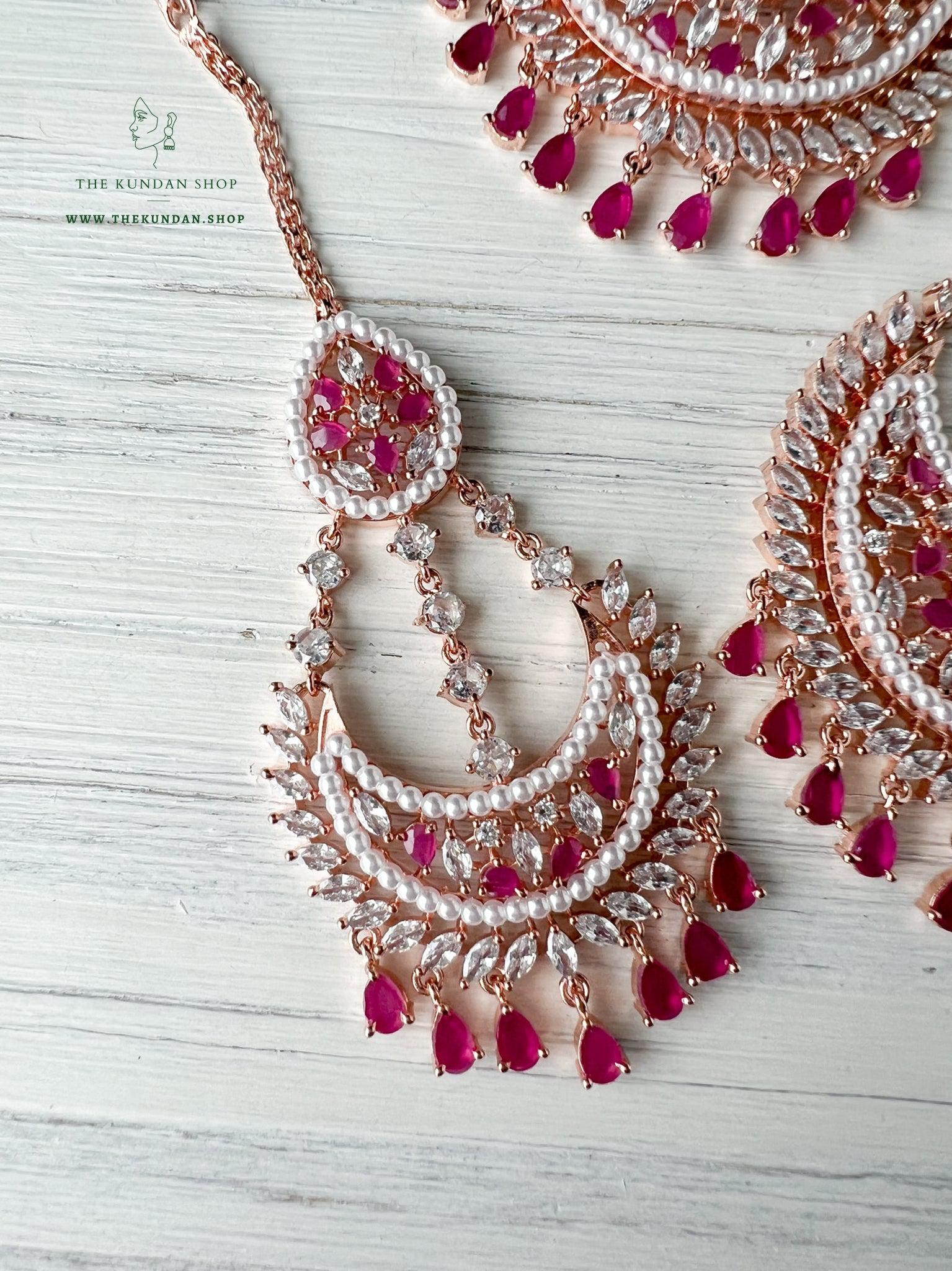 Beyond in Rose Gold & Ruby Earrings + Tikka THE KUNDAN SHOP 