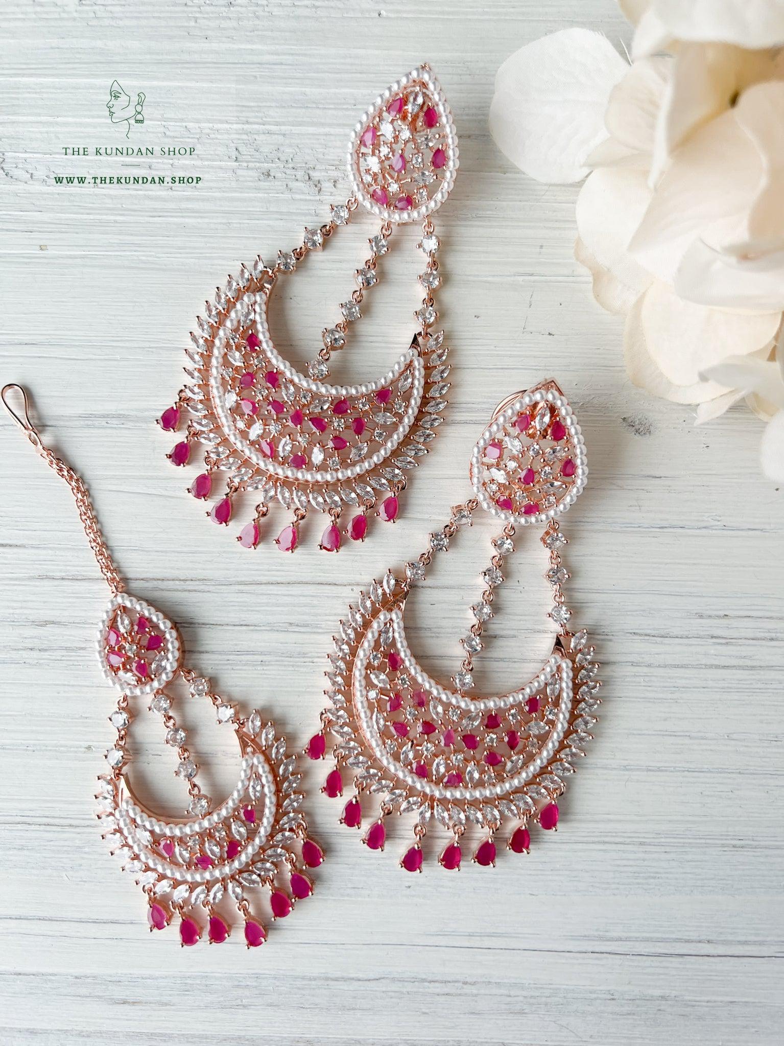 Beyond in Rose Gold & Ruby Earrings + Tikka THE KUNDAN SHOP 