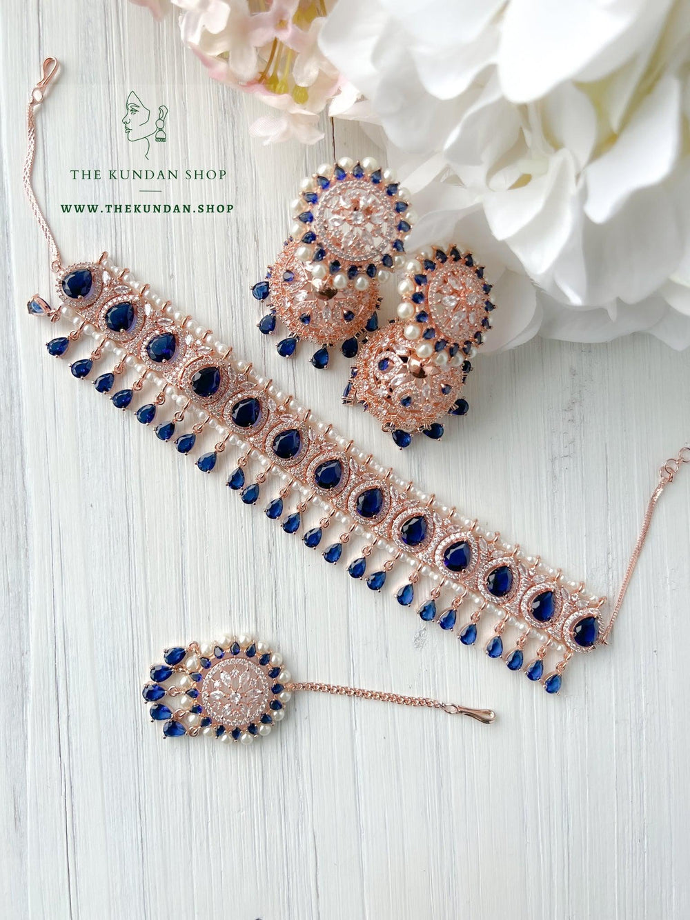 A Teardrop Stone in Rose Gold & Sapphire Necklace Sets THE KUNDAN SHOP 