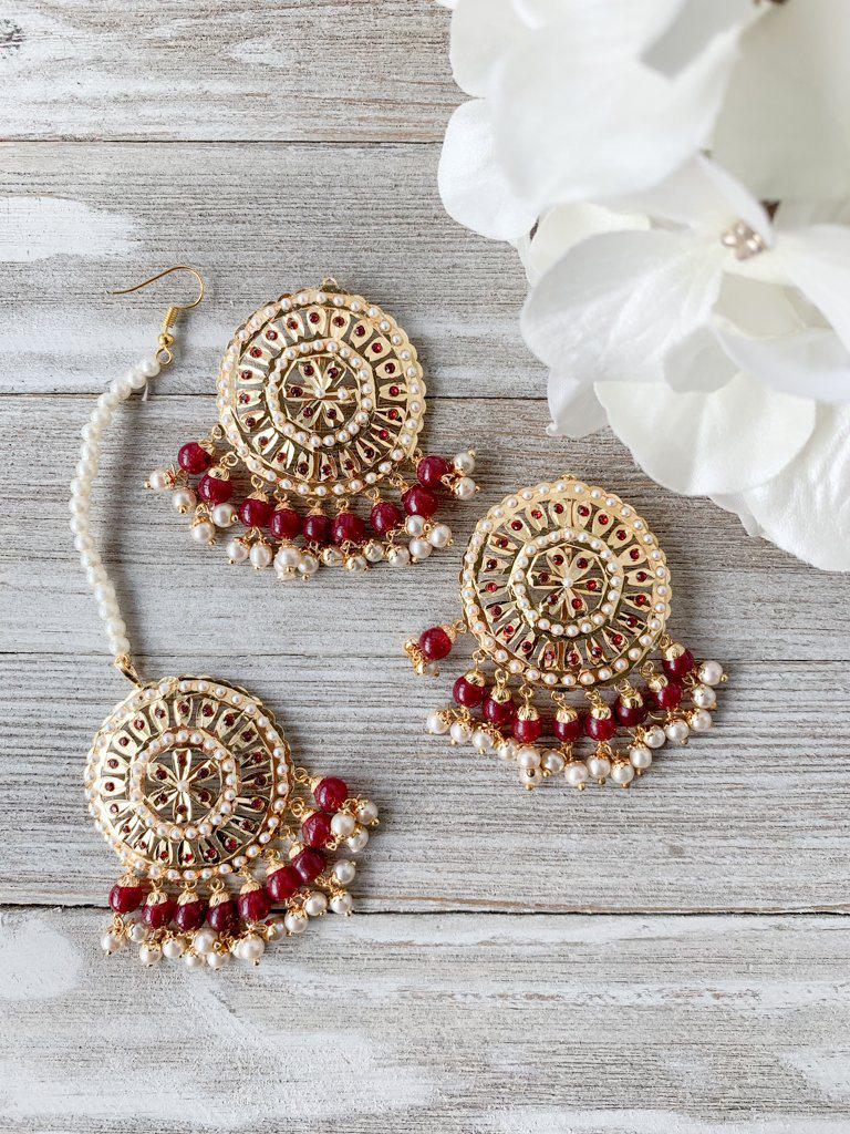 Round Jadau Tikka Set Earrings + Tikka THE KUNDAN SHOP Red 